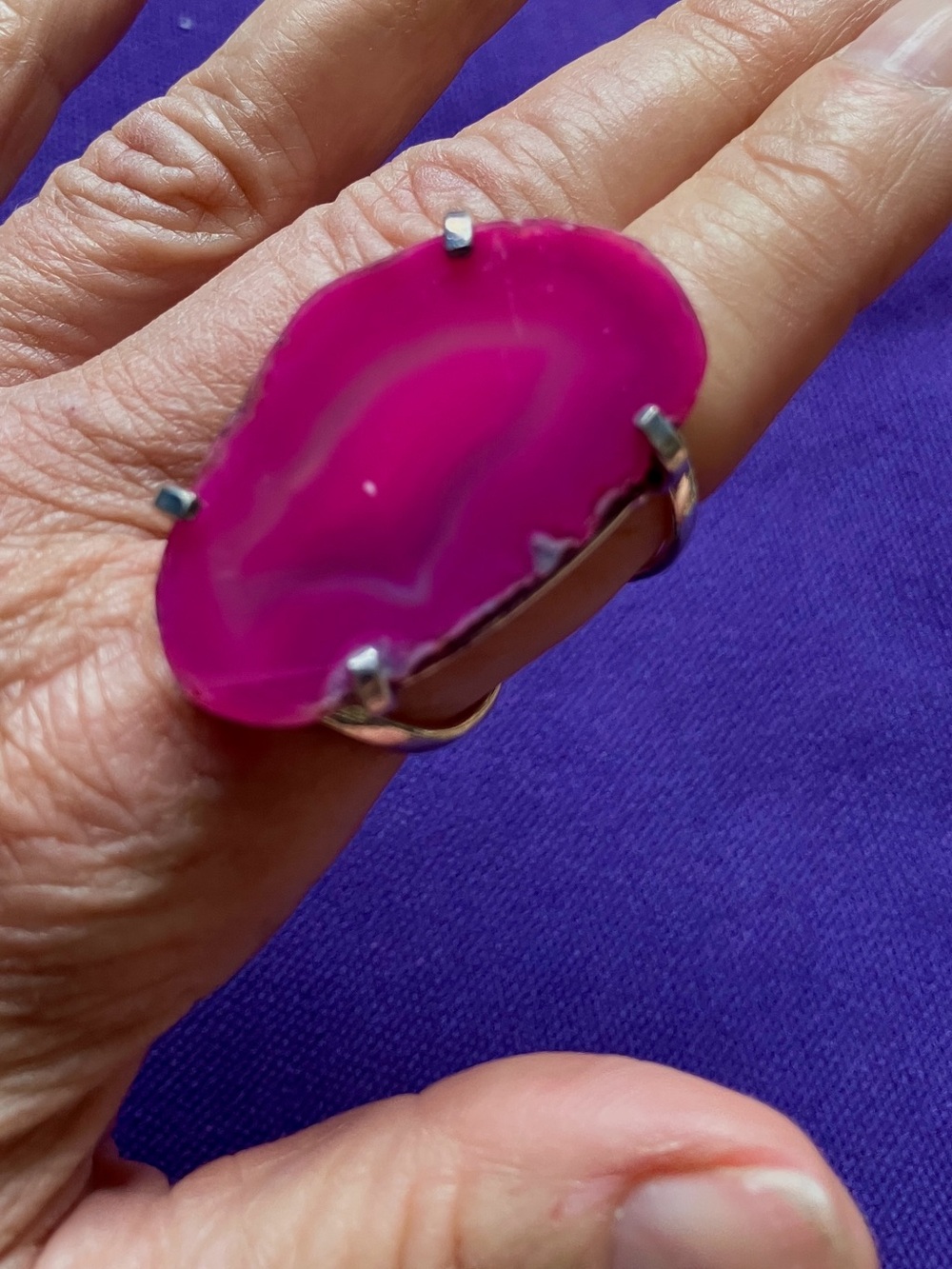 Vibrant Pink Agate Ring with Silver Tone Band